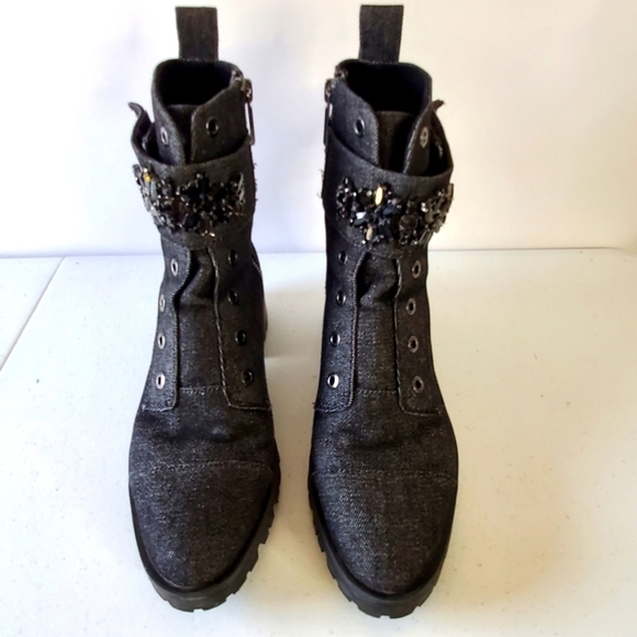 Karl Lagerfeld Paris Embellished Ankle Boots Size 8 Denim Combat Lug Sole - Picture 4 of 15